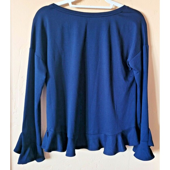 LC Lauren Conrad Size M Blue Bell Sleeve Ruffle Sweater w/Floral Lace Appliques - Picture 7 of 8